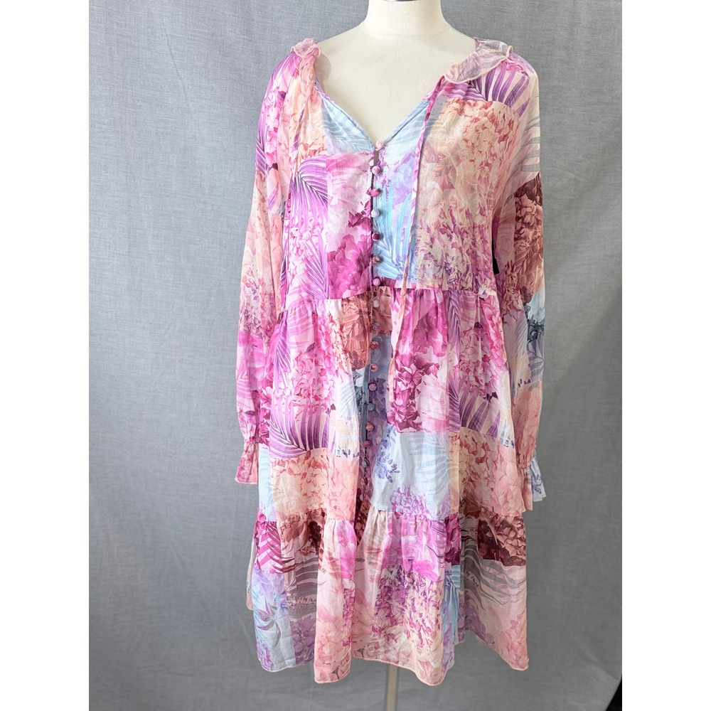 Johnny Was Etta Jade Silk Blend Floral Patchwork Tunic Dress Pink Purple Boho M
